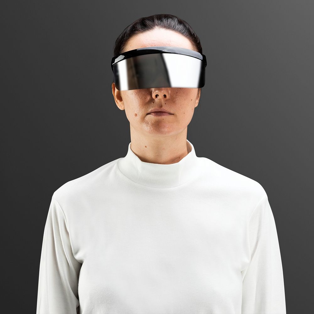 Woman with black shield glasses portrait