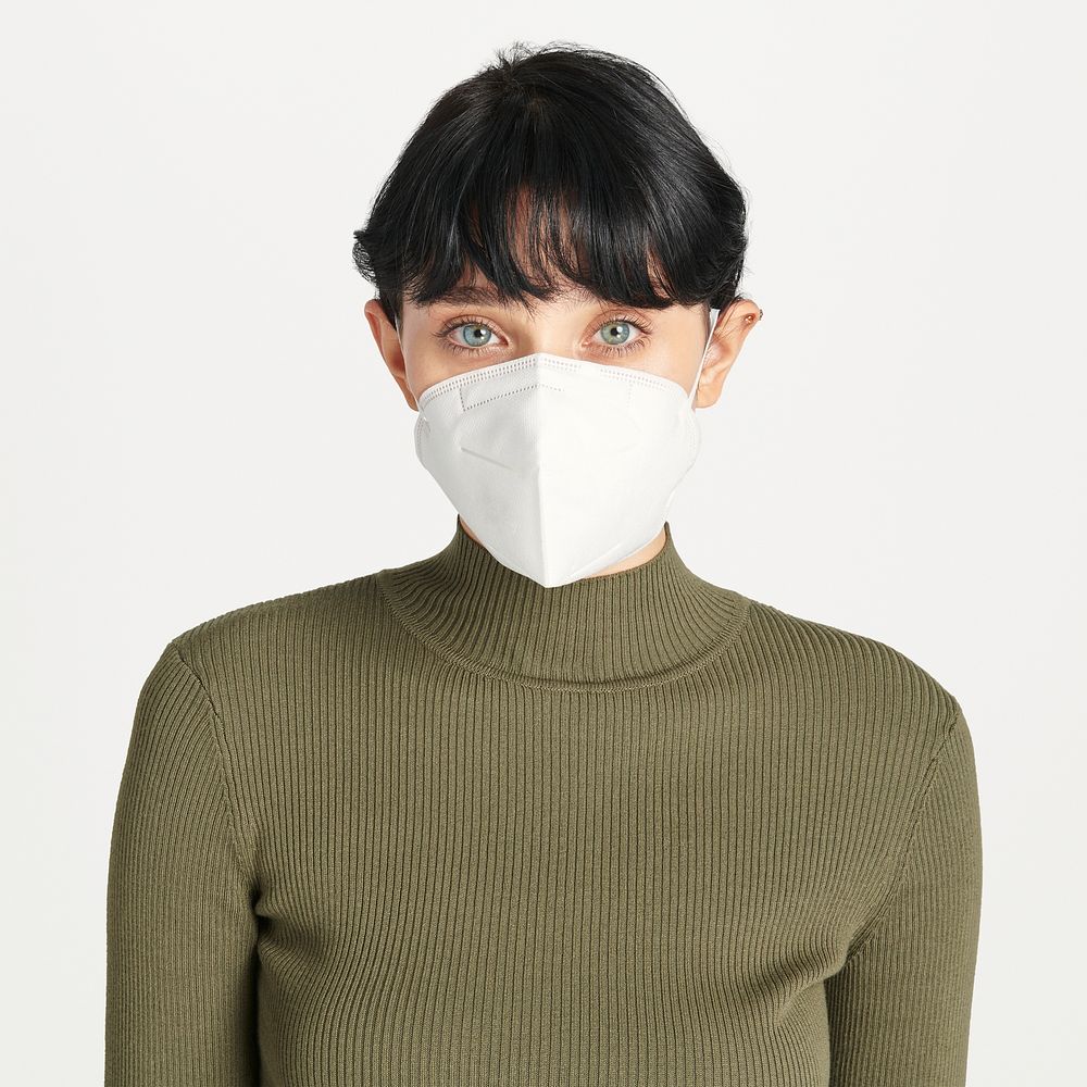 Woman in face mask mockup and green tutle neck sweater 