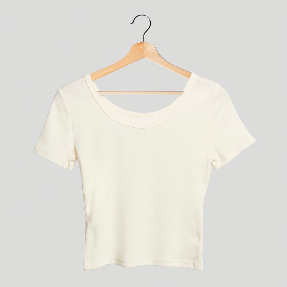 Simple white top mockup on a wooden hanger