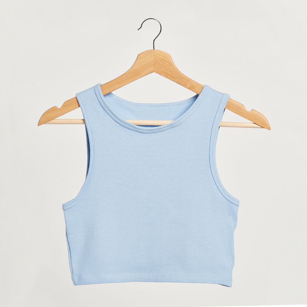 Baby blue cropped top mockup on a wooden hanger