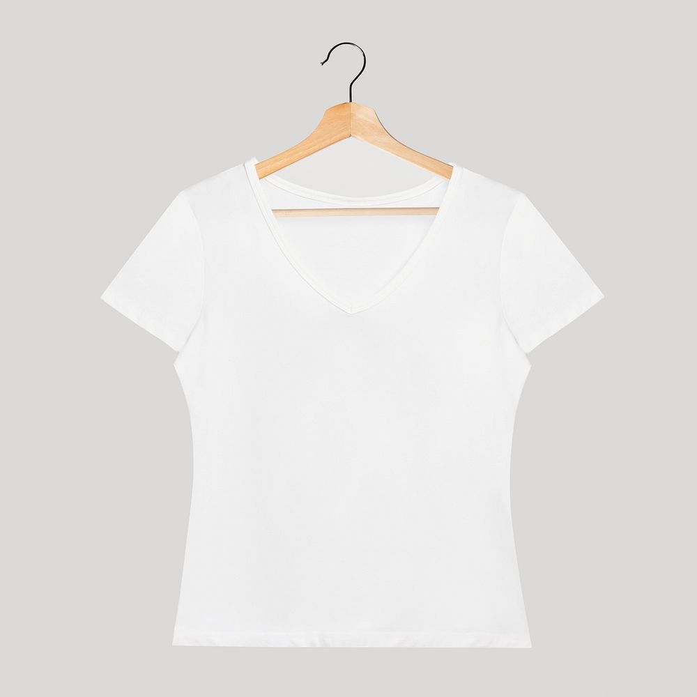 Simple white v neck t-shirt on a wooden hanger