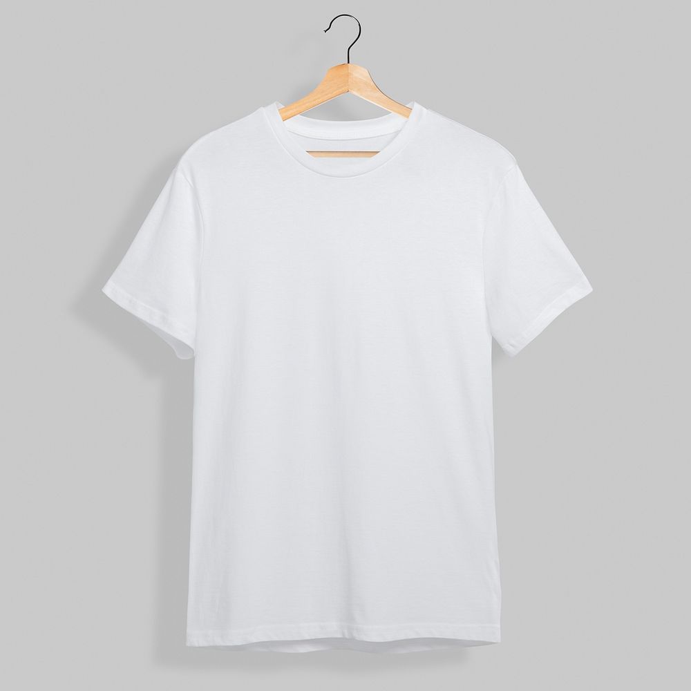 Simple white male t-shirt on a wooden hanger