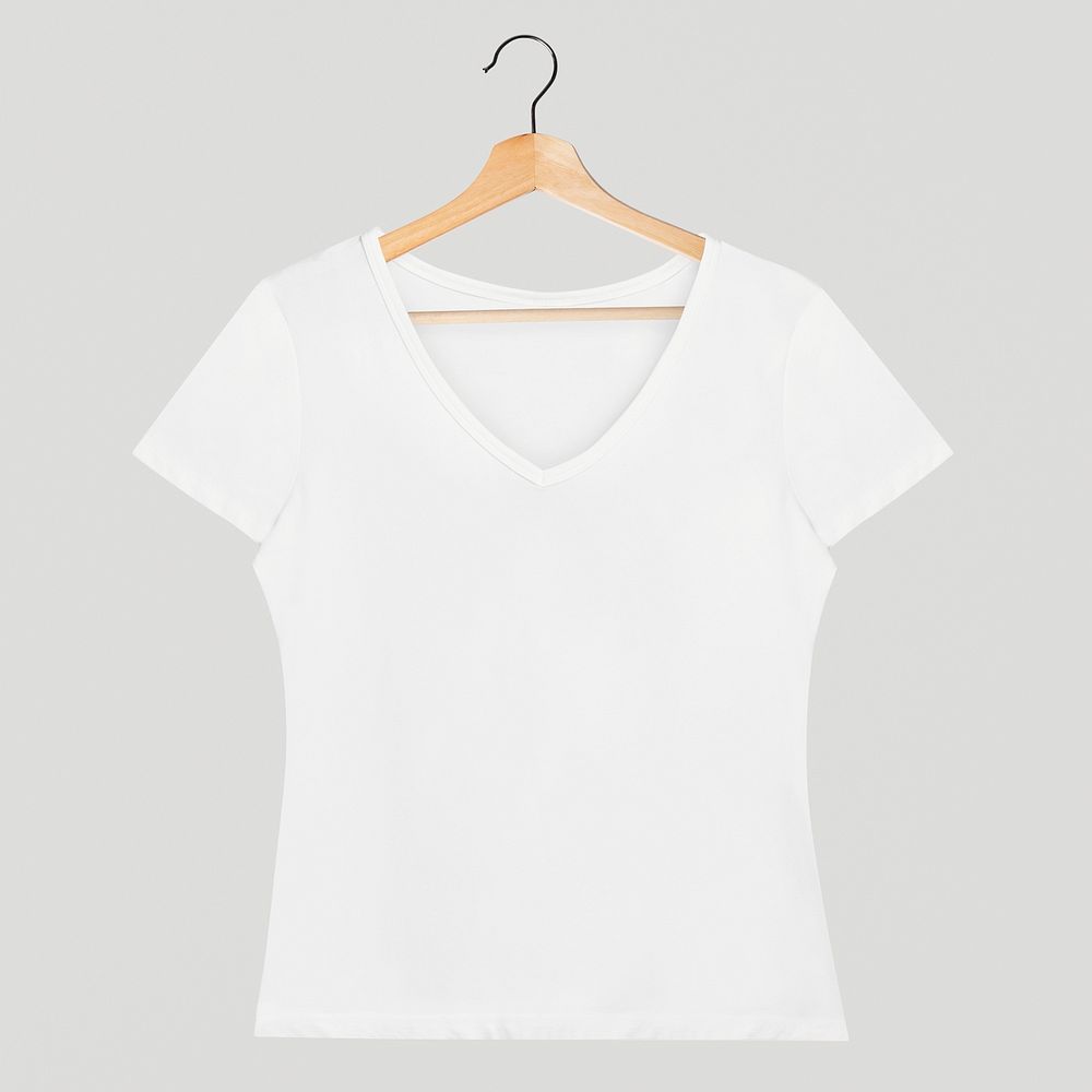 Simple white v neck t-shirt mockup on a wooden hanger