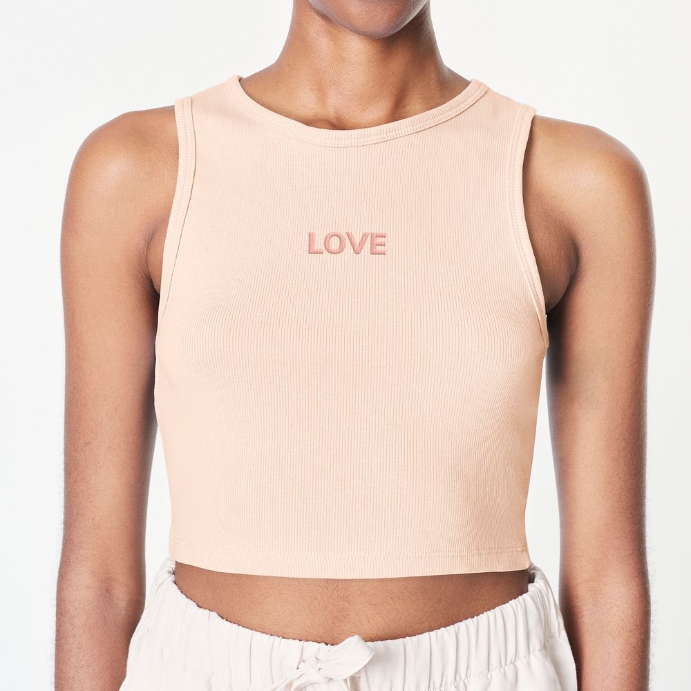 Women's light pink cropped tank top summer apparel psd mockup