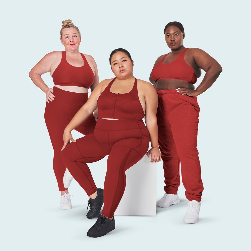Attractive curvy women red sportswear apparel psd mockup studio shot