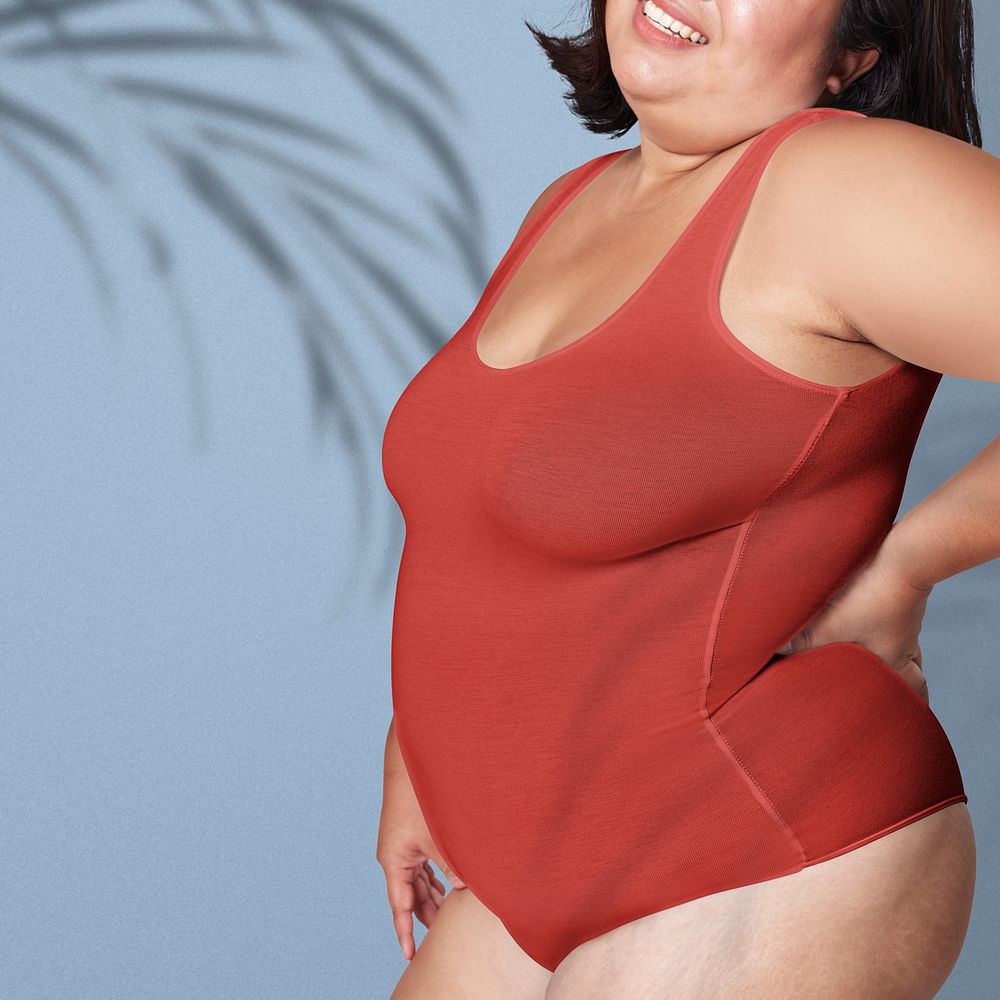 Red swimsuit psd plus size apparel mockup body positivity shoot