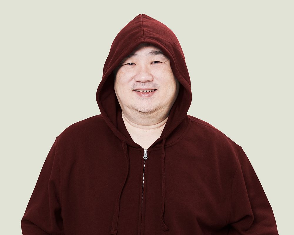 Men's red hoodie mockup fashion shoot in studio