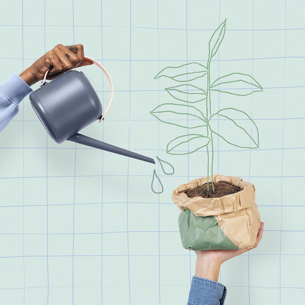 Hand mockups psd holding watering can and paper plant pot