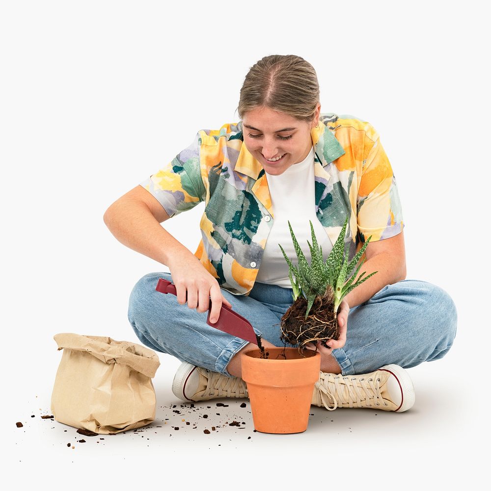 Happy plant lady mockup psd repotting aloe vera