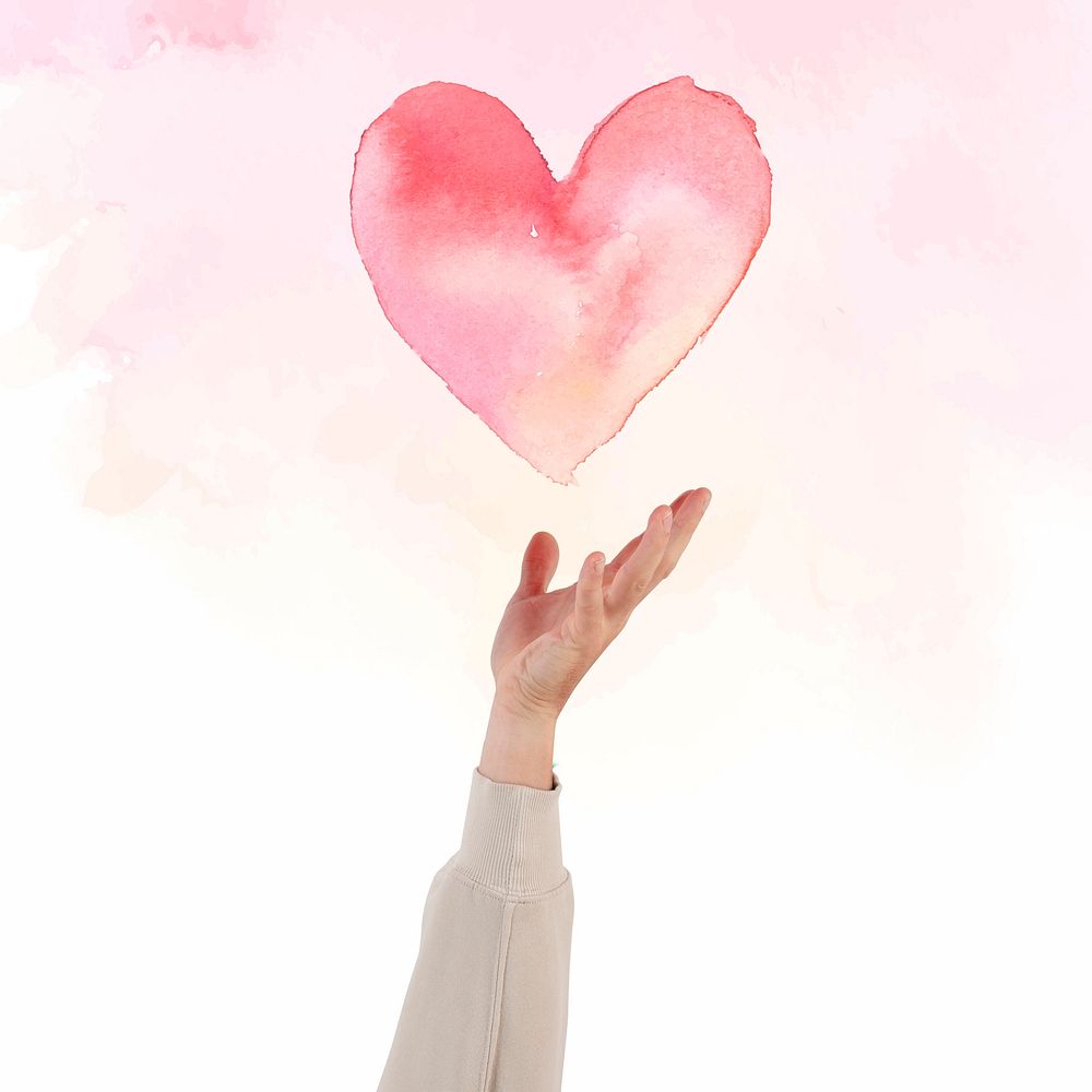 Hand presenting heart mockup psd for Valentines’ celebration watercolor illustration