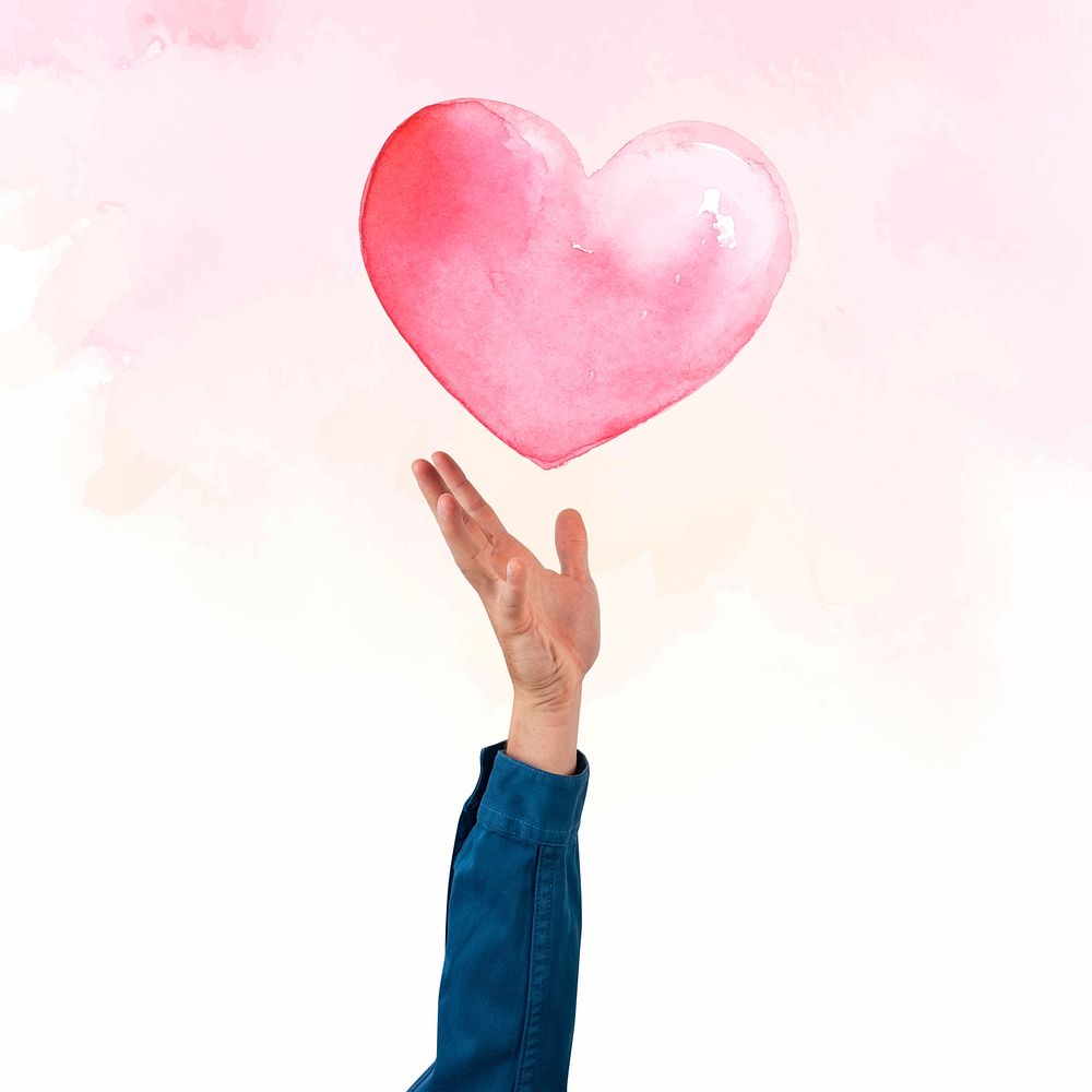 Hand presenting heart mockup psd for Valentines’ celebration watercolor illustration