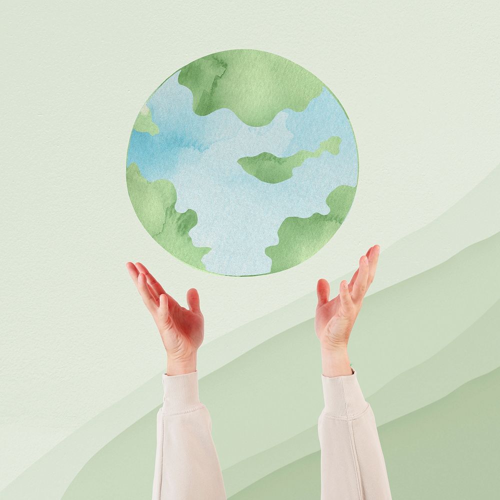 Hand presenting earth mockup psd sustainable environment remix