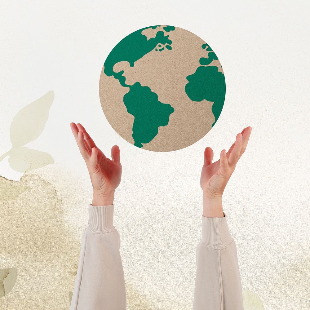 Hand presenting earth mockup psd sustainable environment remix