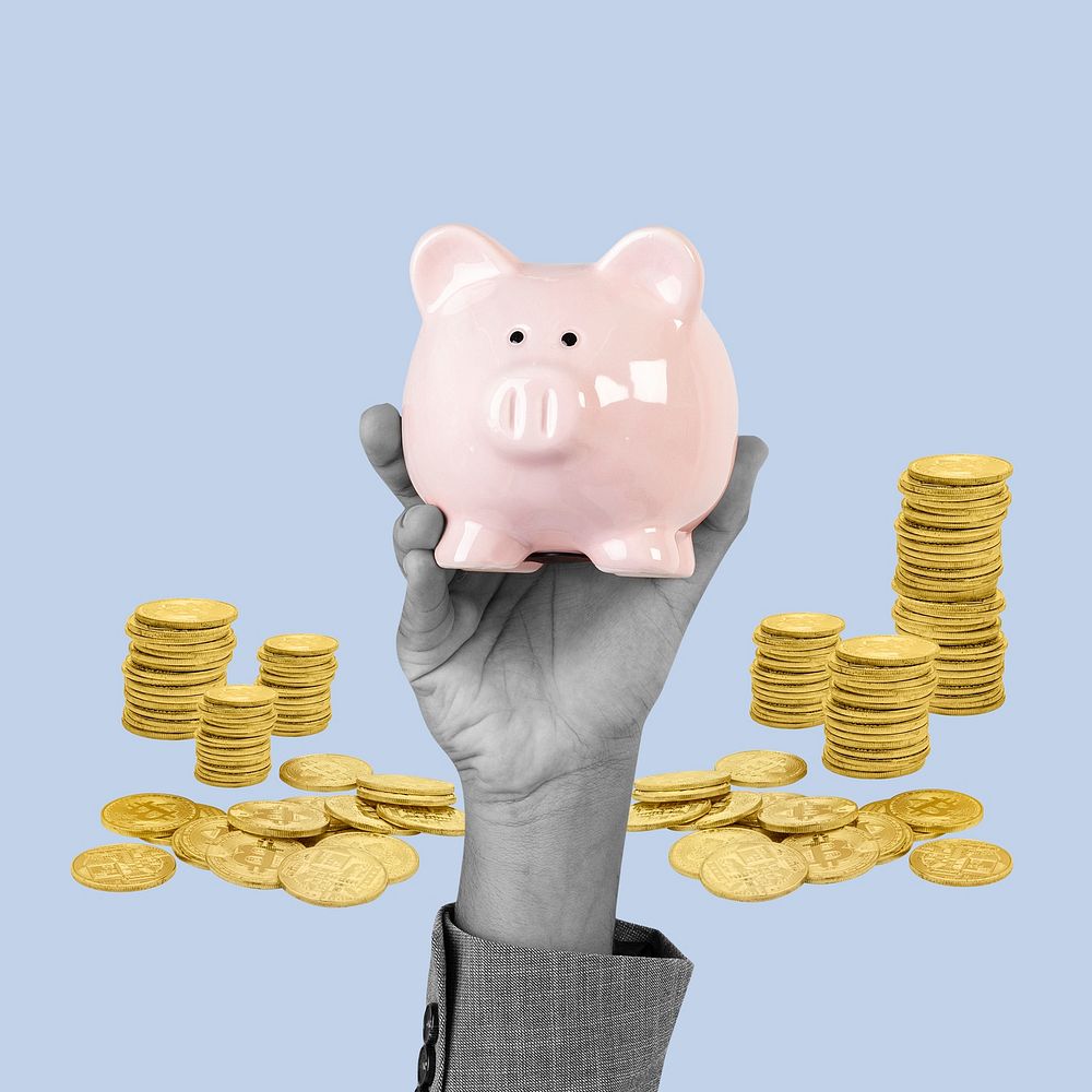 Piggy bank hand financial savings concept remix