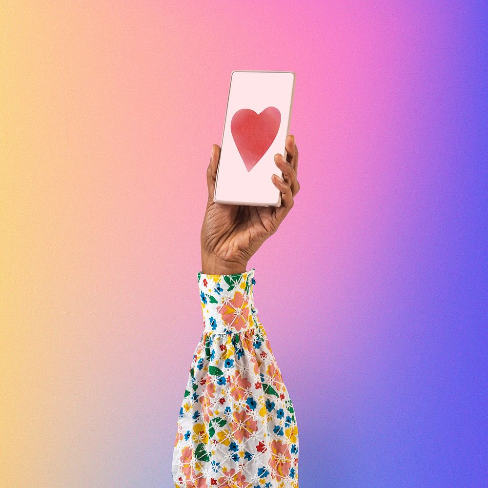 Smartphone screen hand with social media heart icon