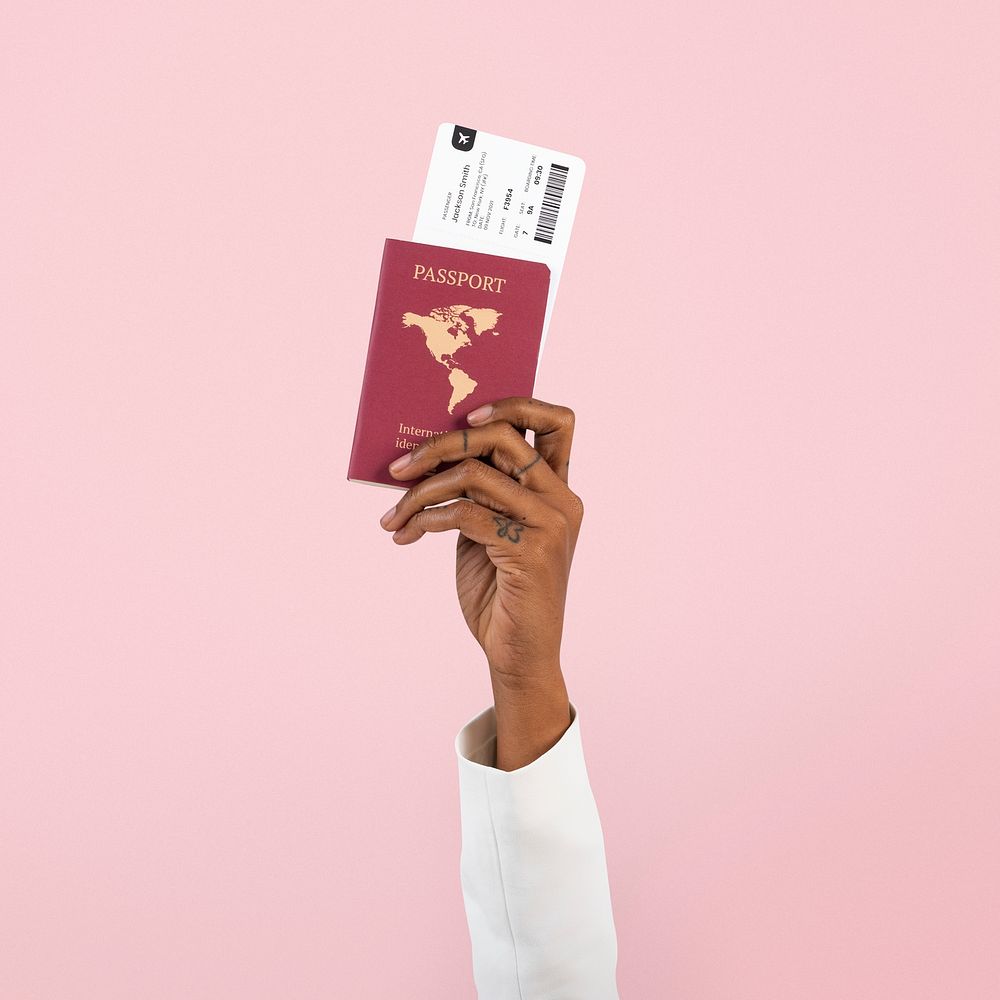 Hand holding passport mockup psd new normal travel