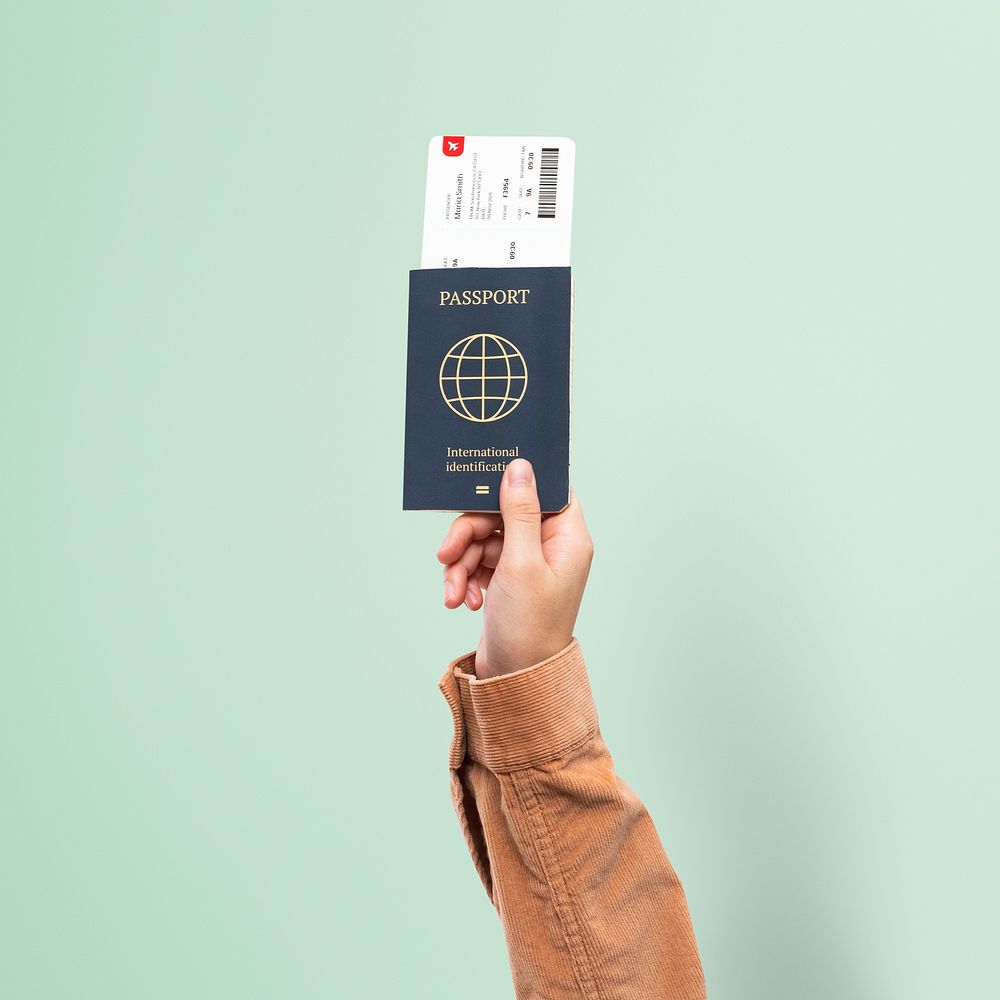 Hand holding passport mockup psd new normal travel