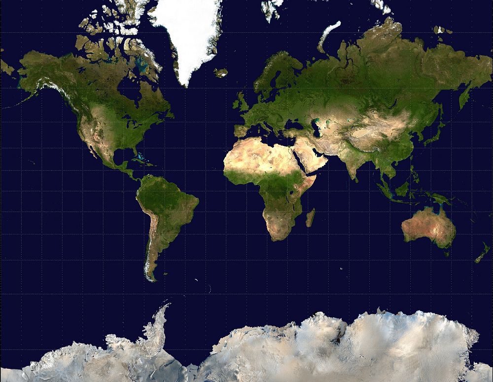 Mercator projection of the Earth. Source image is from NASA's Earth Observatory "Blue Marble" series. Original public domain…