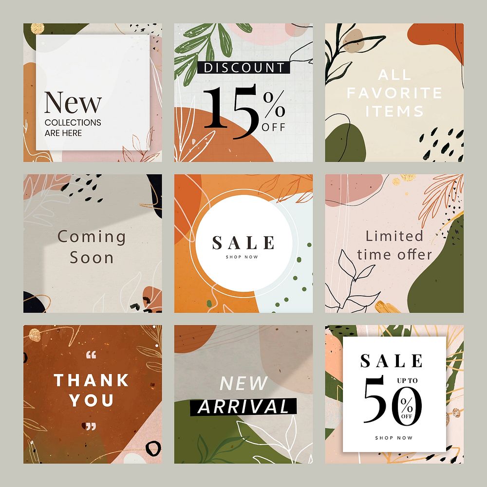 Abstract botanical Memphis sale template set vector