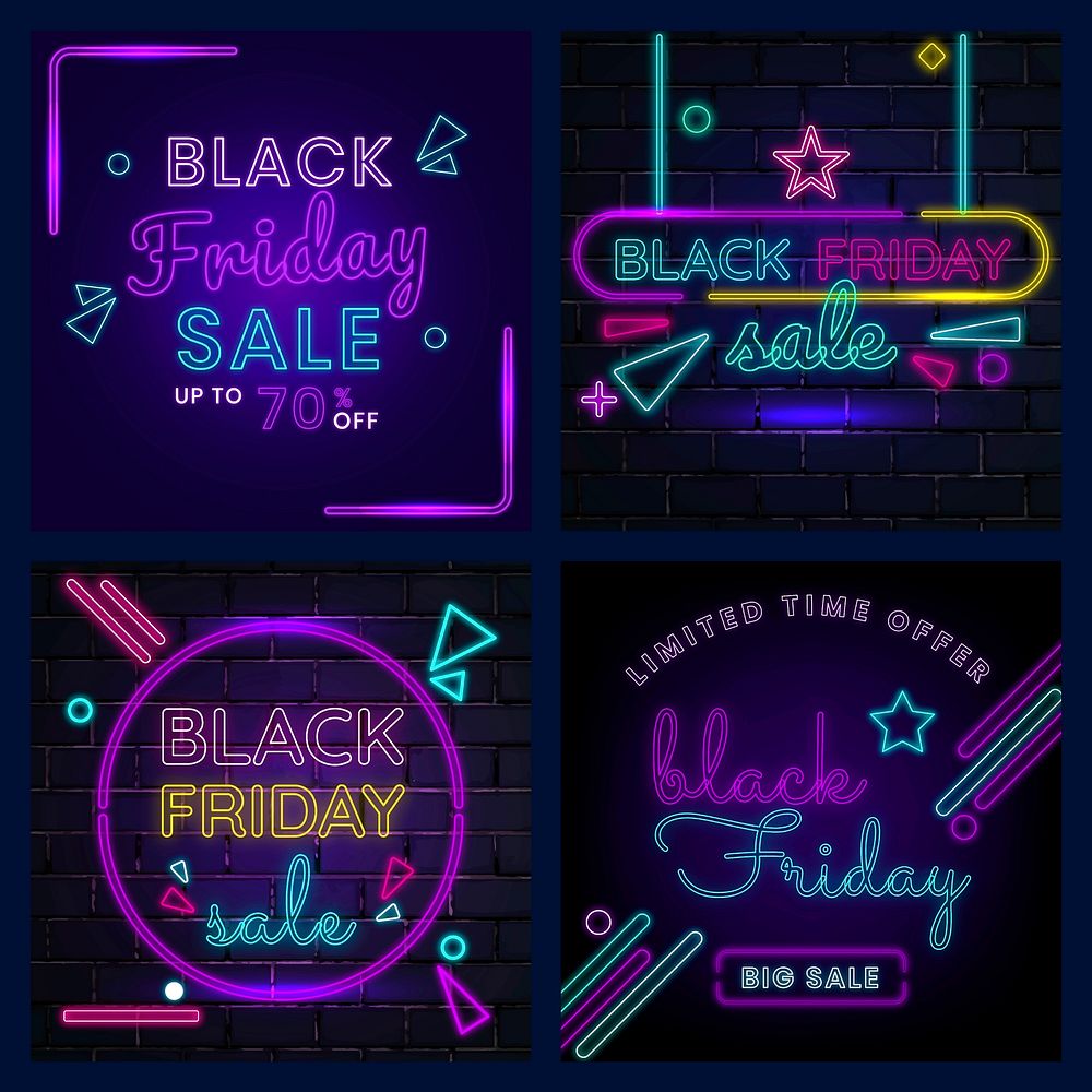Black Friday vector neon glow colorful advertisement collection