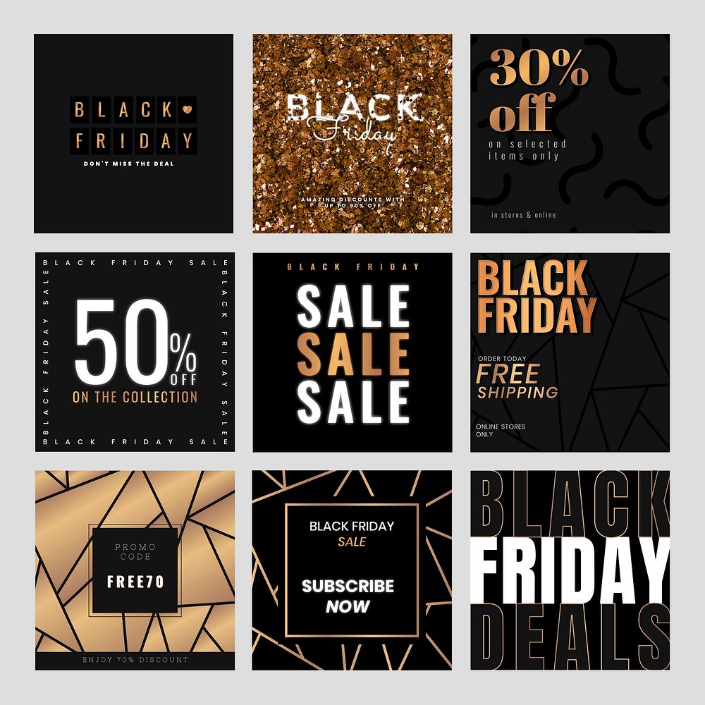 Vector Black Friday golden bold shine text promotional poster template collection