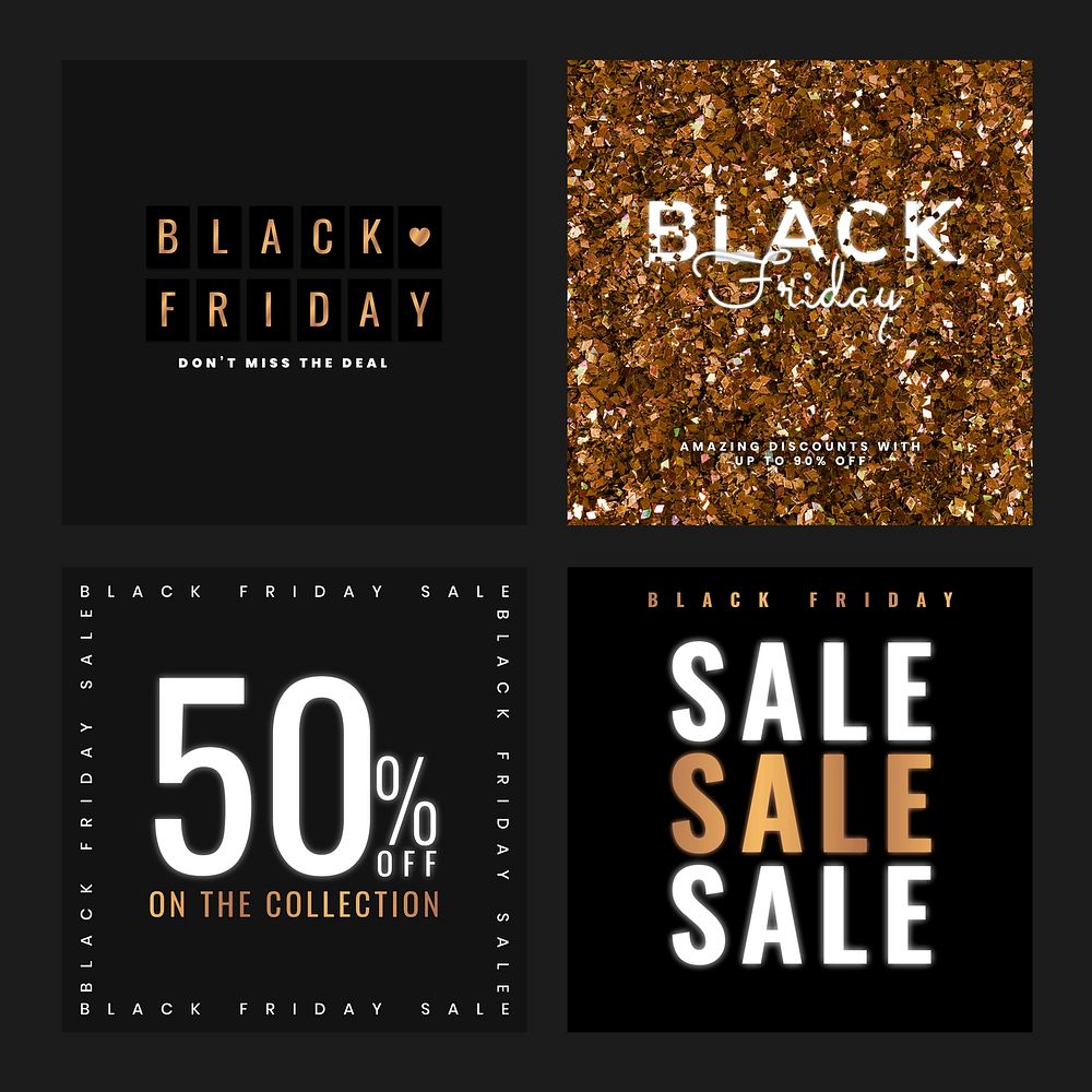 Vector Black Friday golden bold shine text promotional poster template set