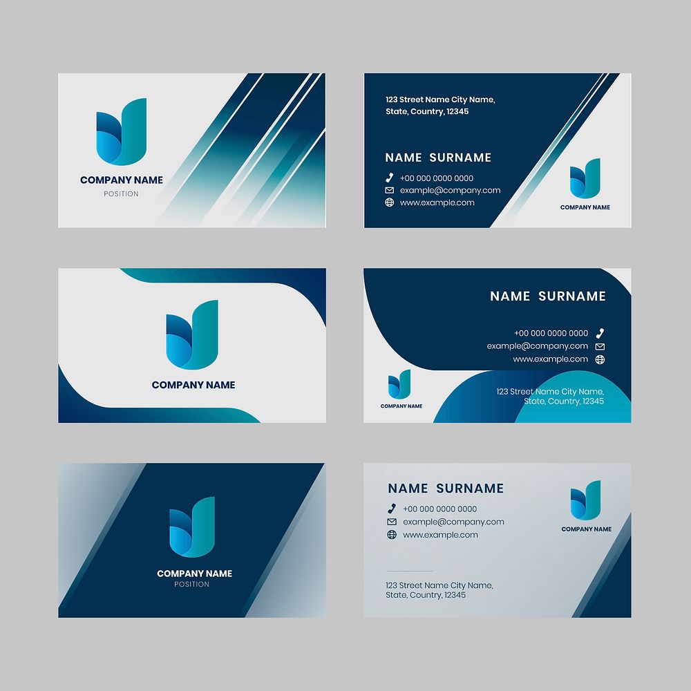 Business card editable template vector blue tone set