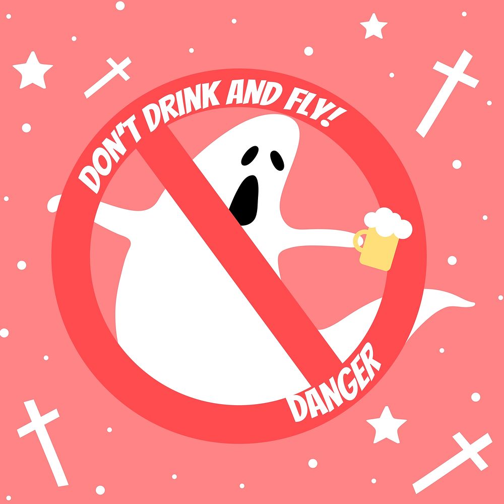 Halloween vector ghost cartoon template with don't drink and fly! text