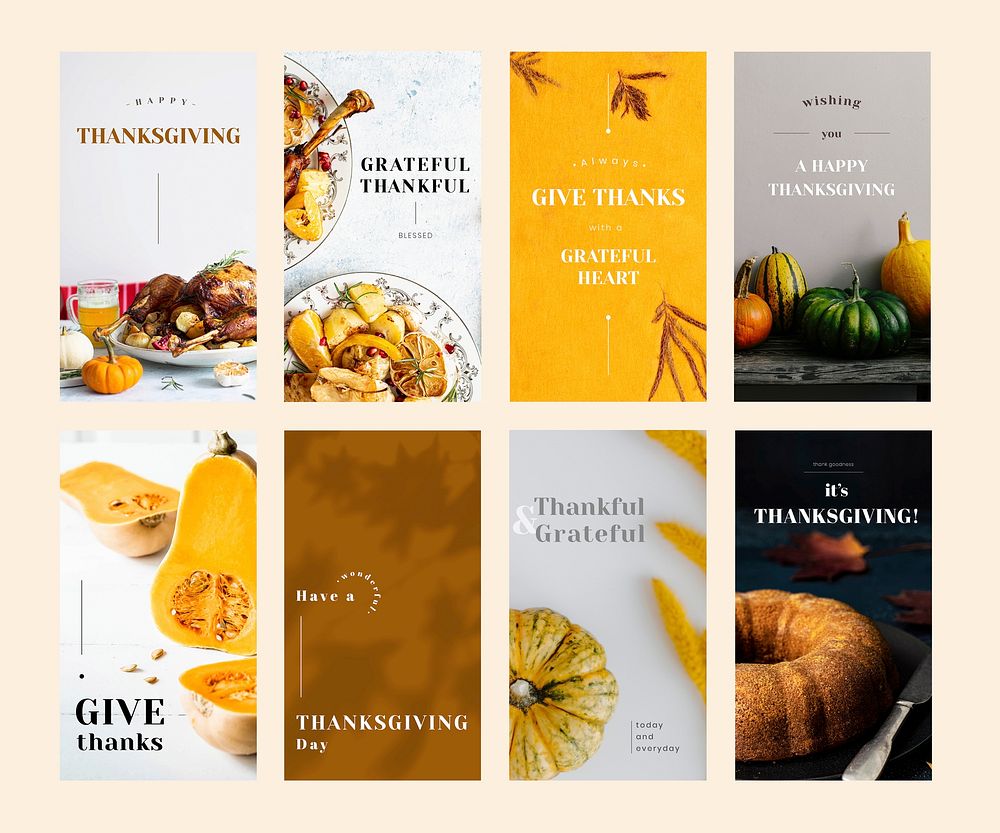 Thanksgiving greeting vector editable template set for social media stories