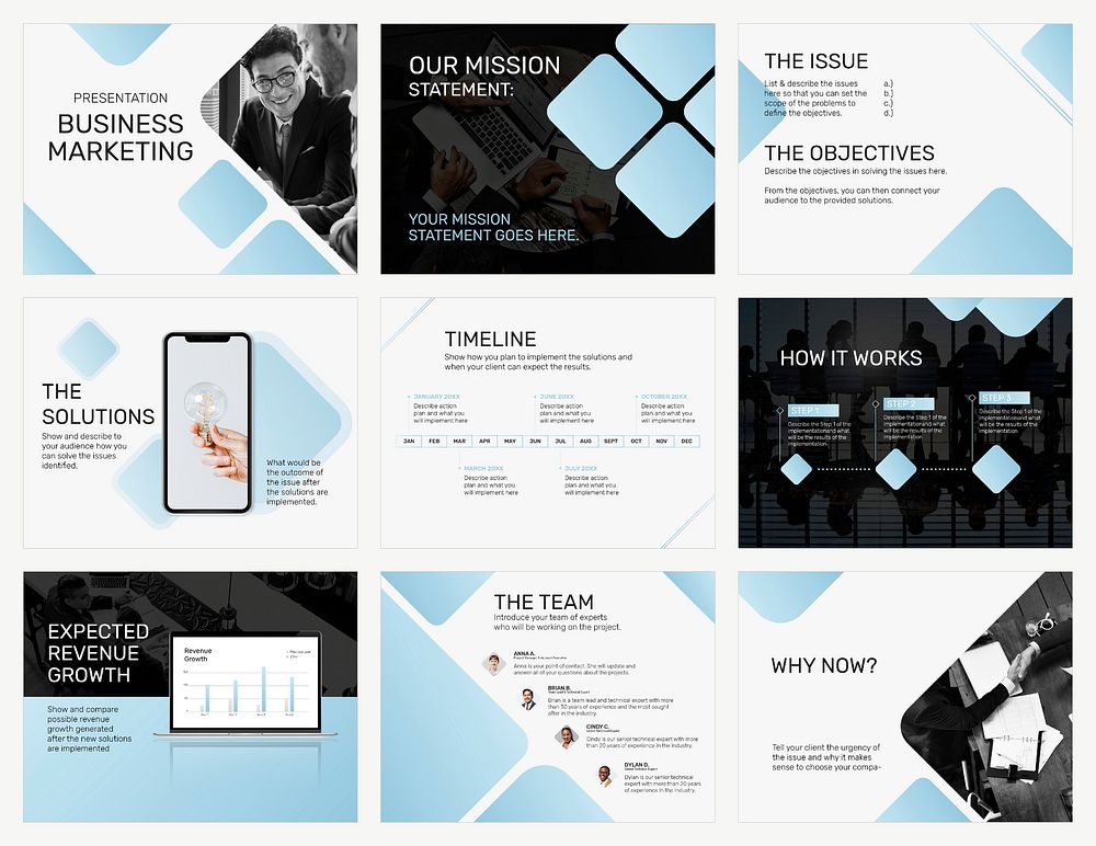 Editable business presentation template vector with blue blocks design set
