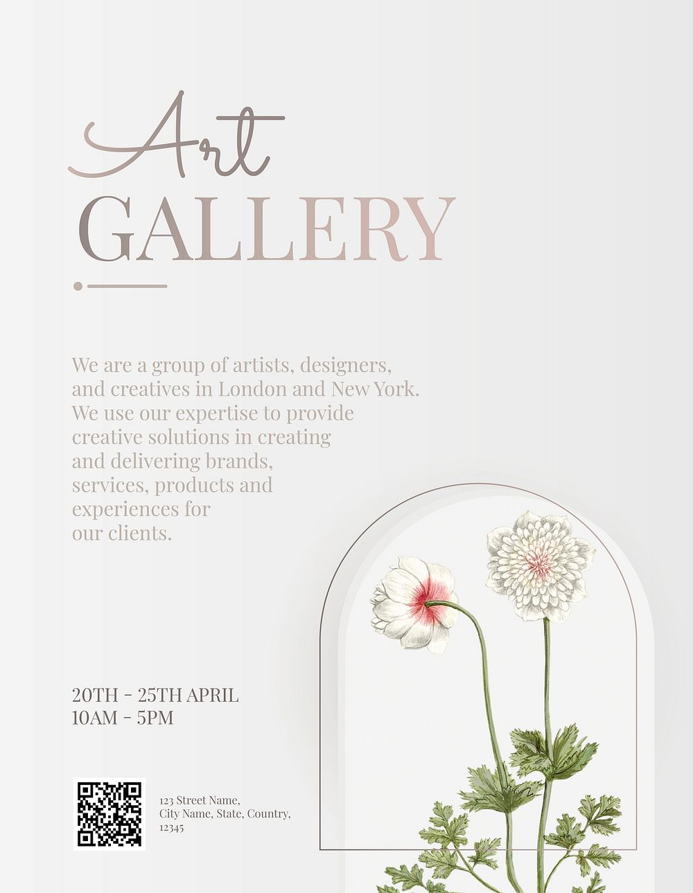 Art gallery flyer template psd editable design with white anemone flowers 