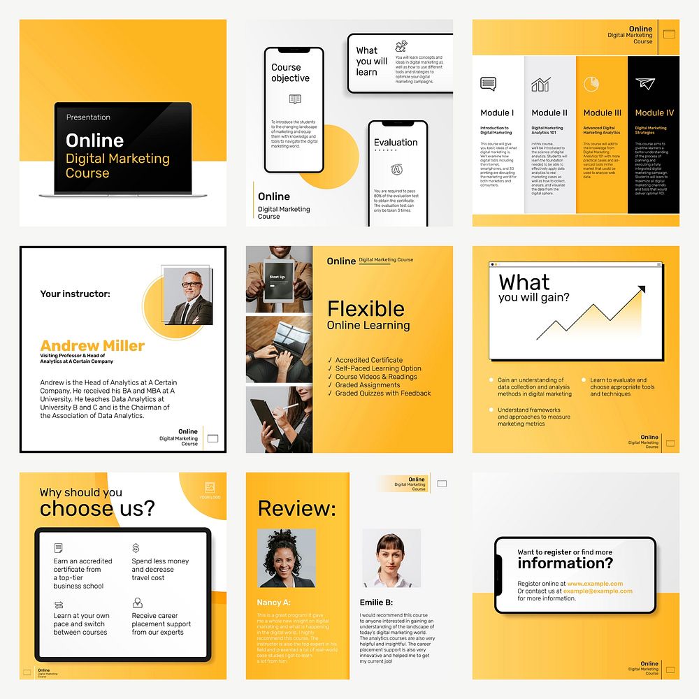 Digital marketing business template vector social media post set in yellow theme