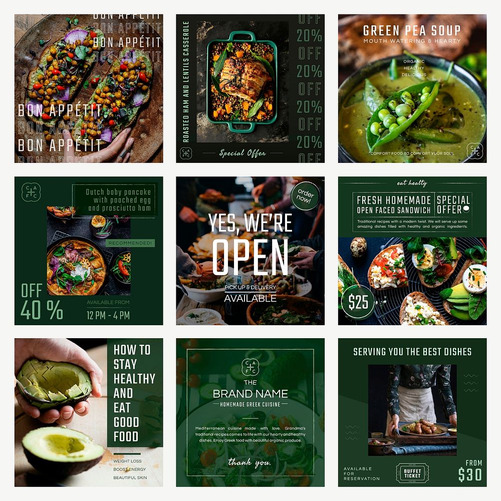 Restaurant business template vector set for social media post