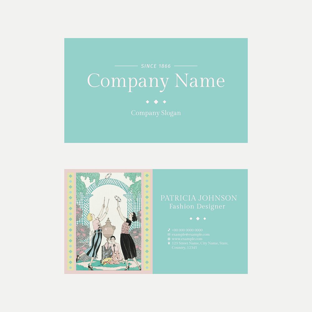 Business card template psd for vintage fashion, remix from artworks by George Barbier