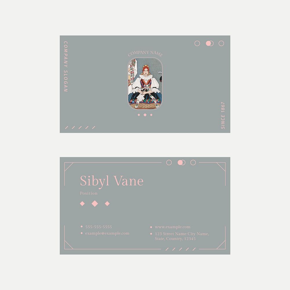Business card template vector in vintage pastel fashion theme, remix from artworks by George Barbier