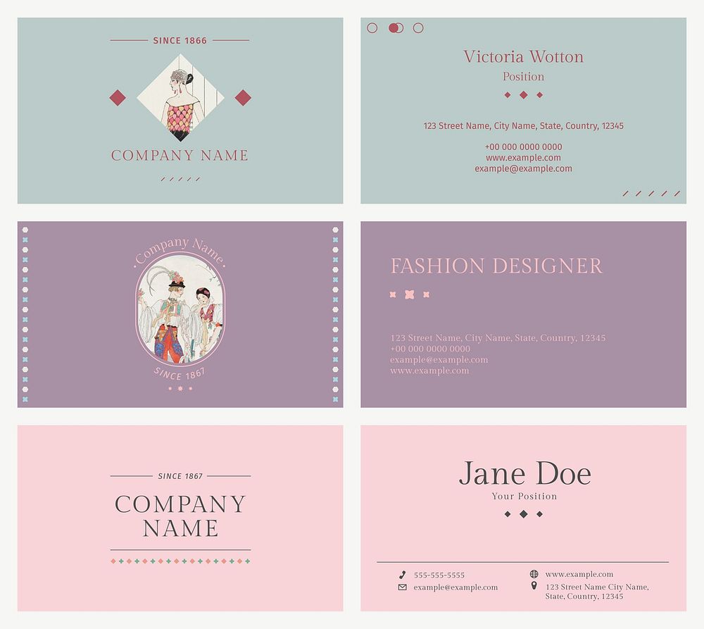 Vintage fashion templates vector business card, remix from artworks by George Barbier