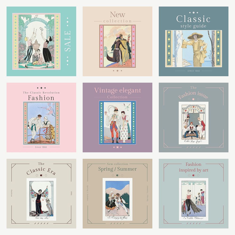 Vintage fashion templates vector social media posts, remix from artworks by George Barbier