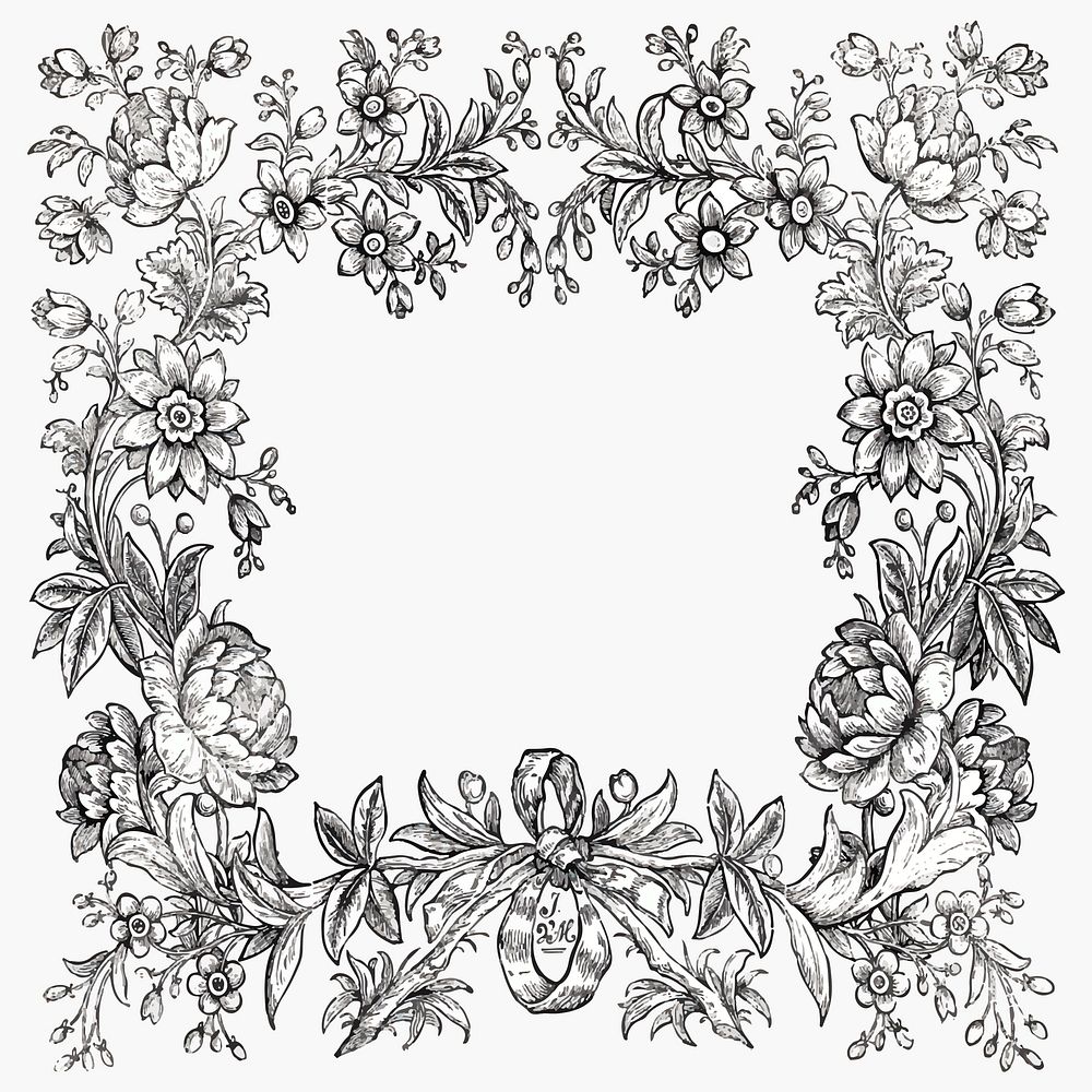 Vintage bw floral frame illustration, remixed from public domain collection