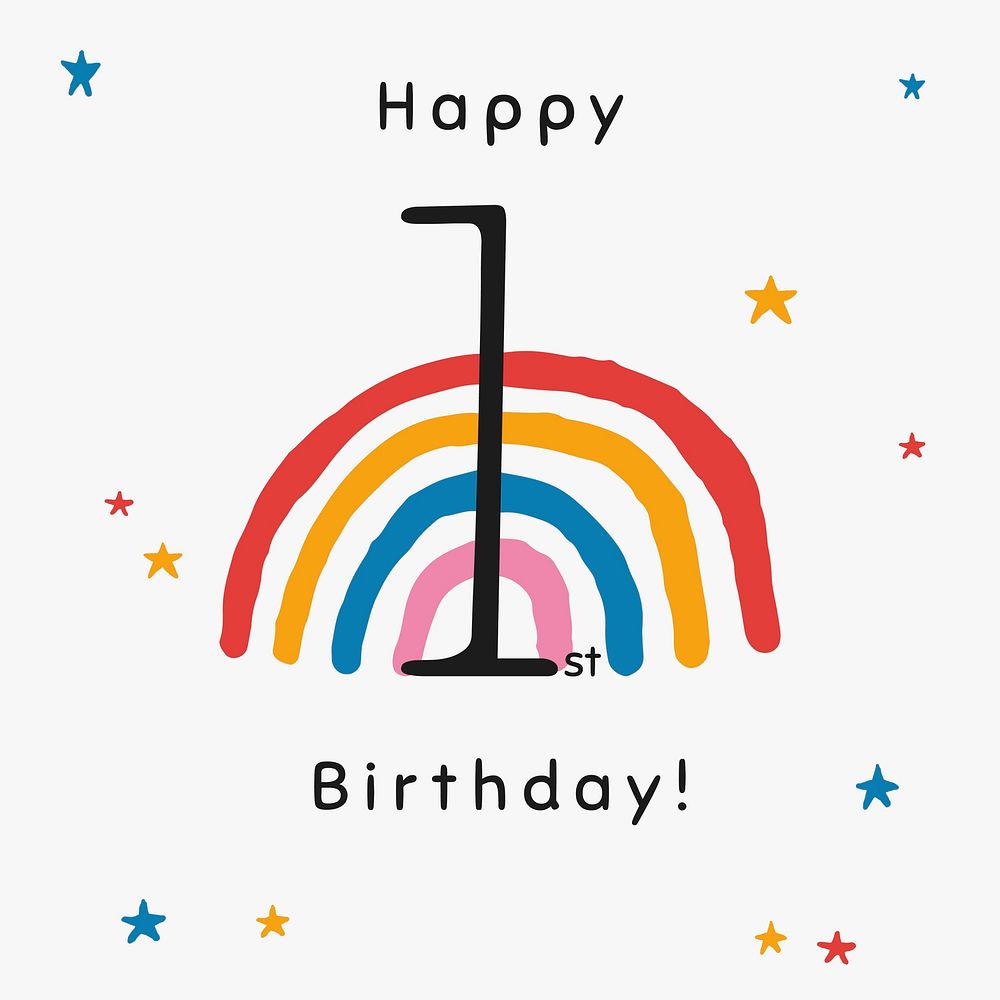 1st birthday greeting template vector with rainbow illustration