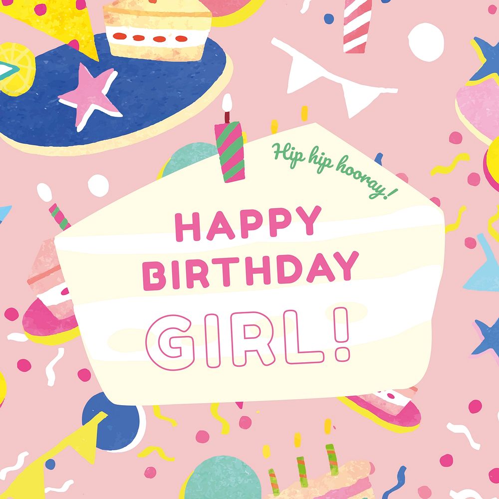 Kid's birthday greeting with cute cake illustration for girl