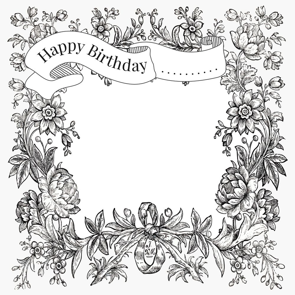 Vintage floral frame illustration birthday greeting, remixed from public domain collection