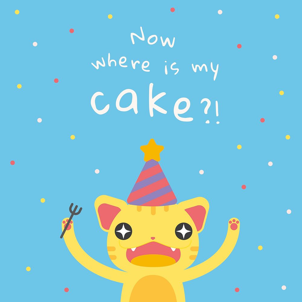 Kid's birthday greeting template vector with cute hungry cat cartoon