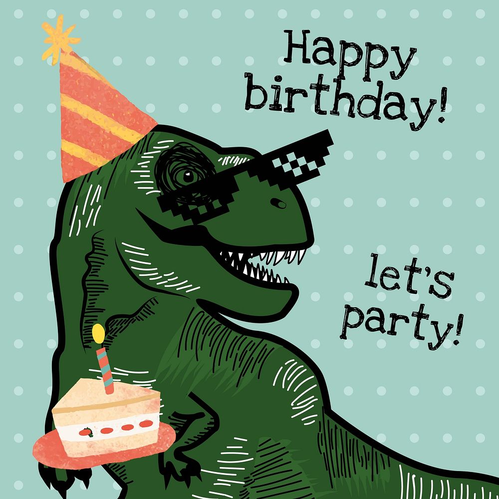 Kid&rsquo;s birthday invitation template vector with dinosaur holding a cake illustration