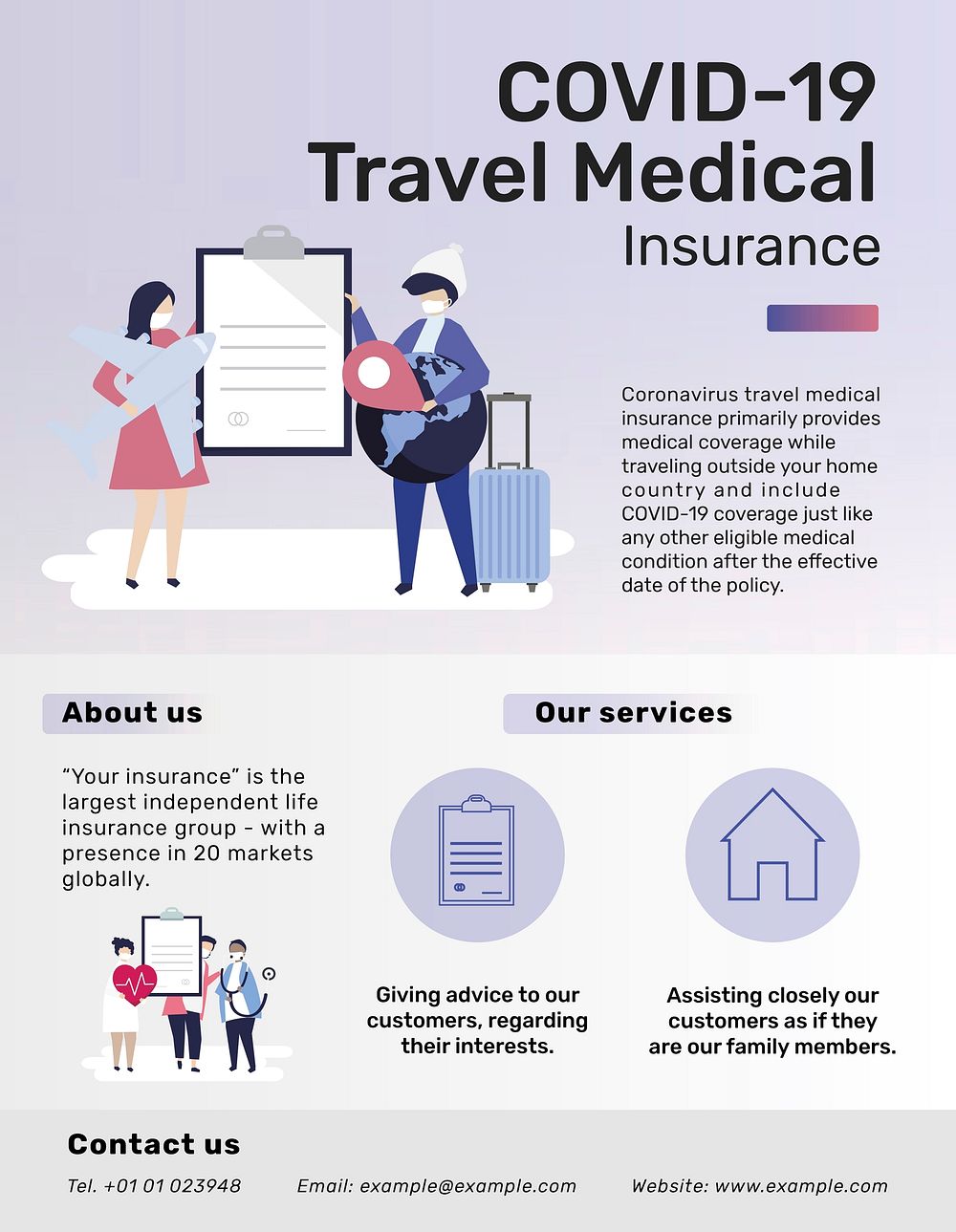 Flyer template vector for COVID-19 travel medical insurance