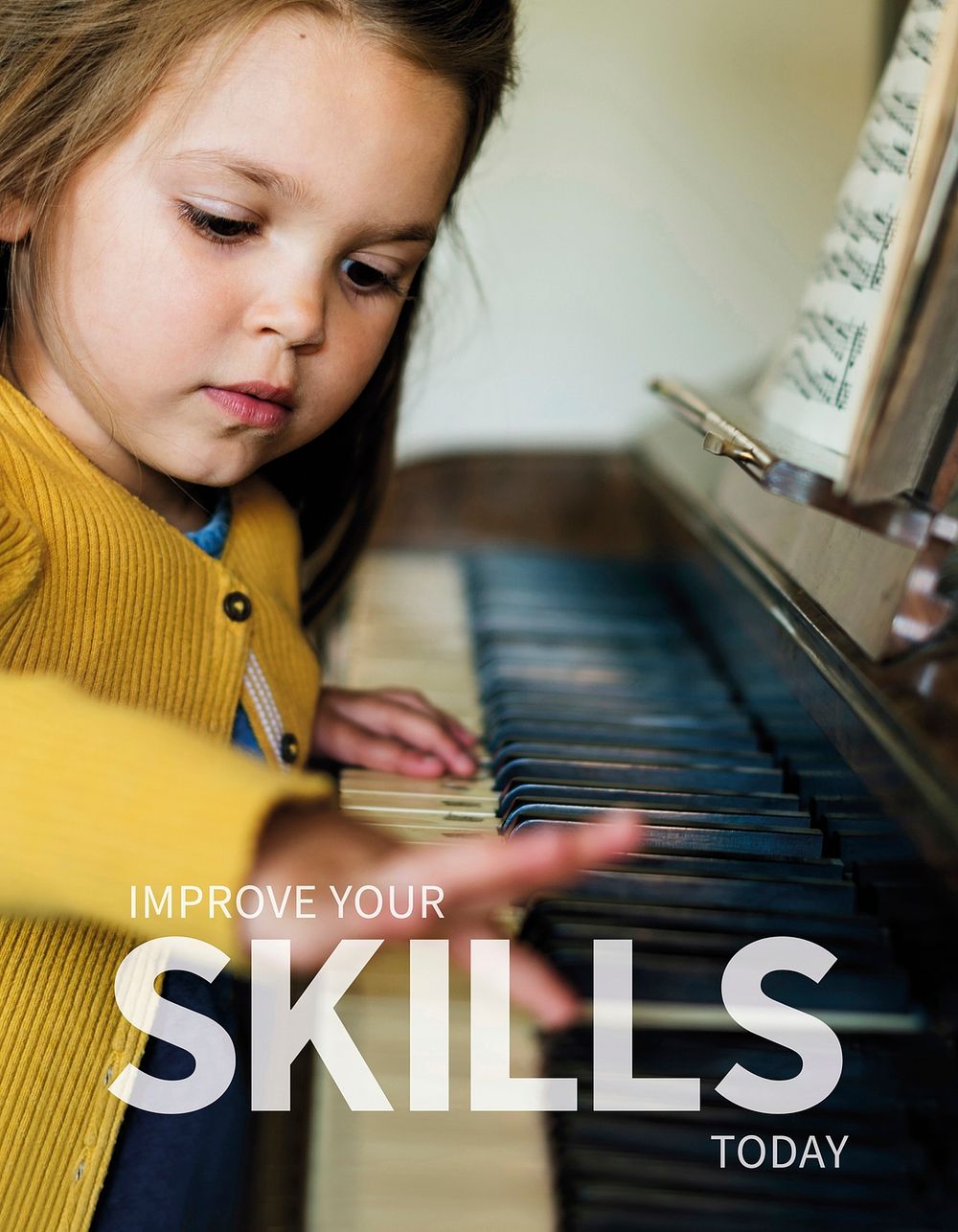 Educational flyer template psd girl playing a piano background