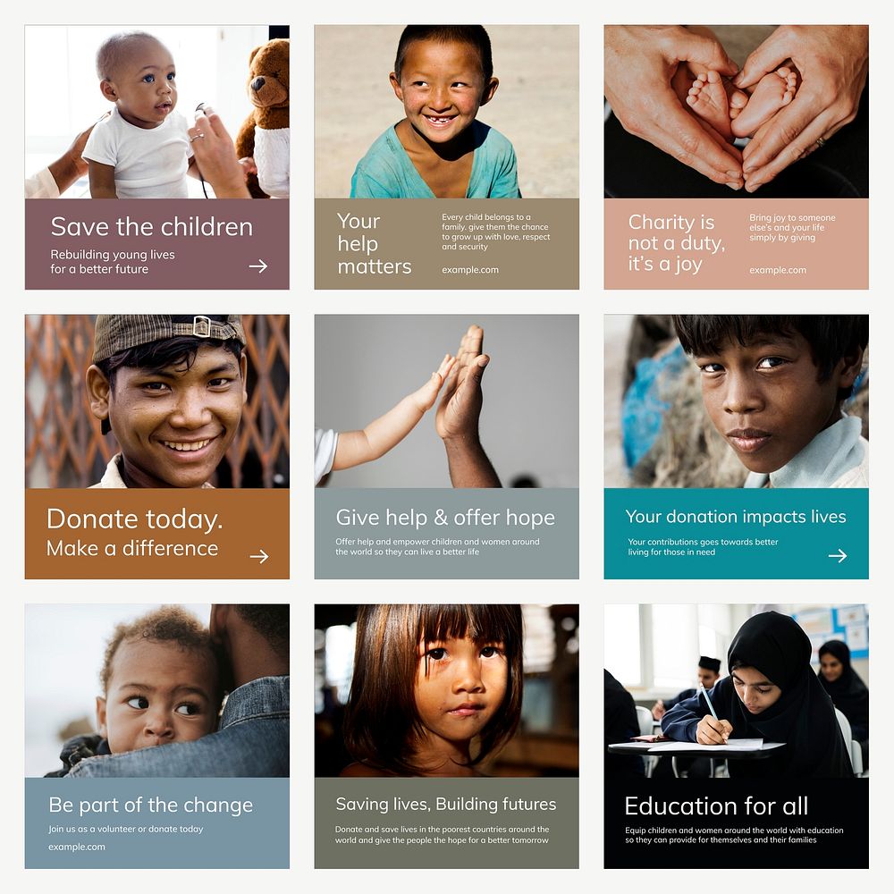 Children charity donation template psd social media post set