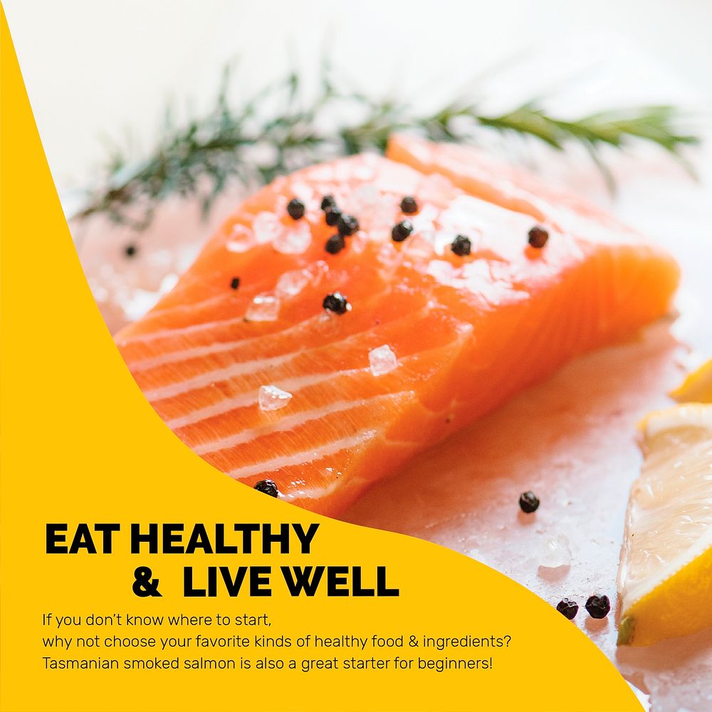 Healthy food template psd with fresh salmon marketing lifestyle social media post in abstract memphis design