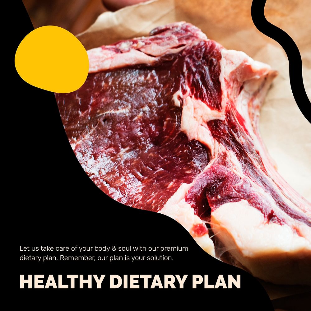 Healthy diet template psd with raw meat marketing lifestyle social media post in abstract memphis design