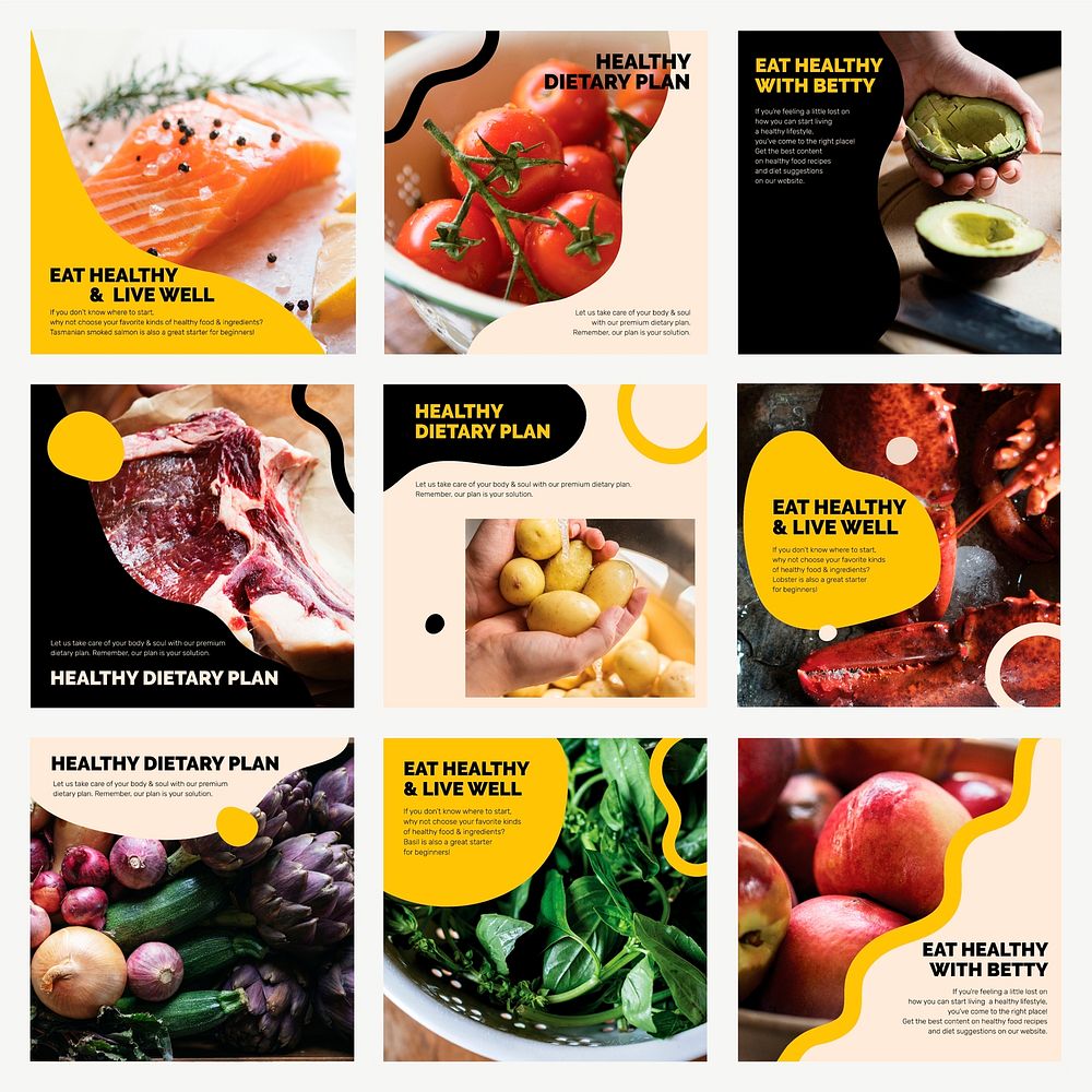 Healthy eating lifestyle template vector marketing food social media post set