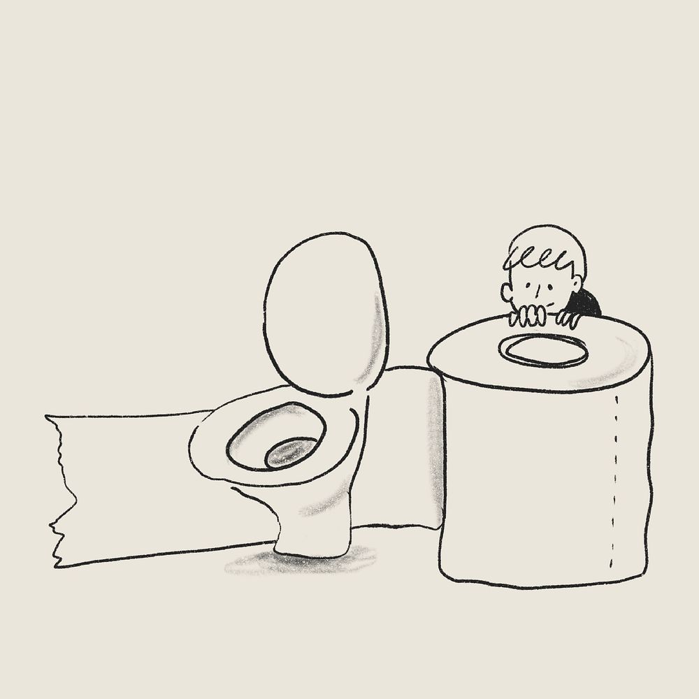 Man in the toilet with tissue paper roll, healthcare doodle psd